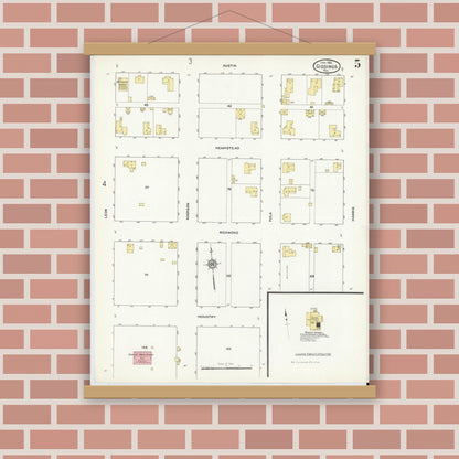 Old map wall art mockup — magnetic wood frame on brick wall — Sanborn Fire Insurance Map from Giddings, Lee County, Texas (1912), Sheet #0005
