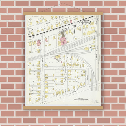 Old map wall art mockup — magnetic wood frame on brick wall — Sanborn Fire Insurance Map from Newcomerstown, Tuscarawas County, Ohio (1924), Sheet #0005
