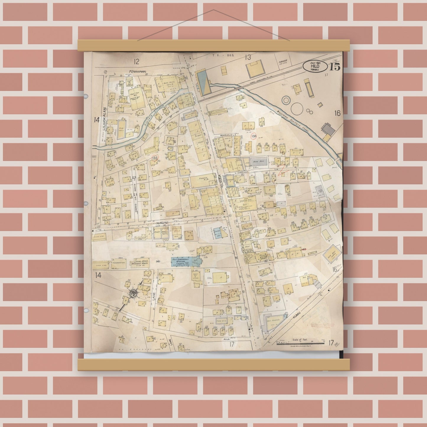 Old map wall art mockup — magnetic wood frame on brick wall — Sanborn Fire Insurance Map from Hilo, Hawaii County, Hawaii (1957), Sheet #0015