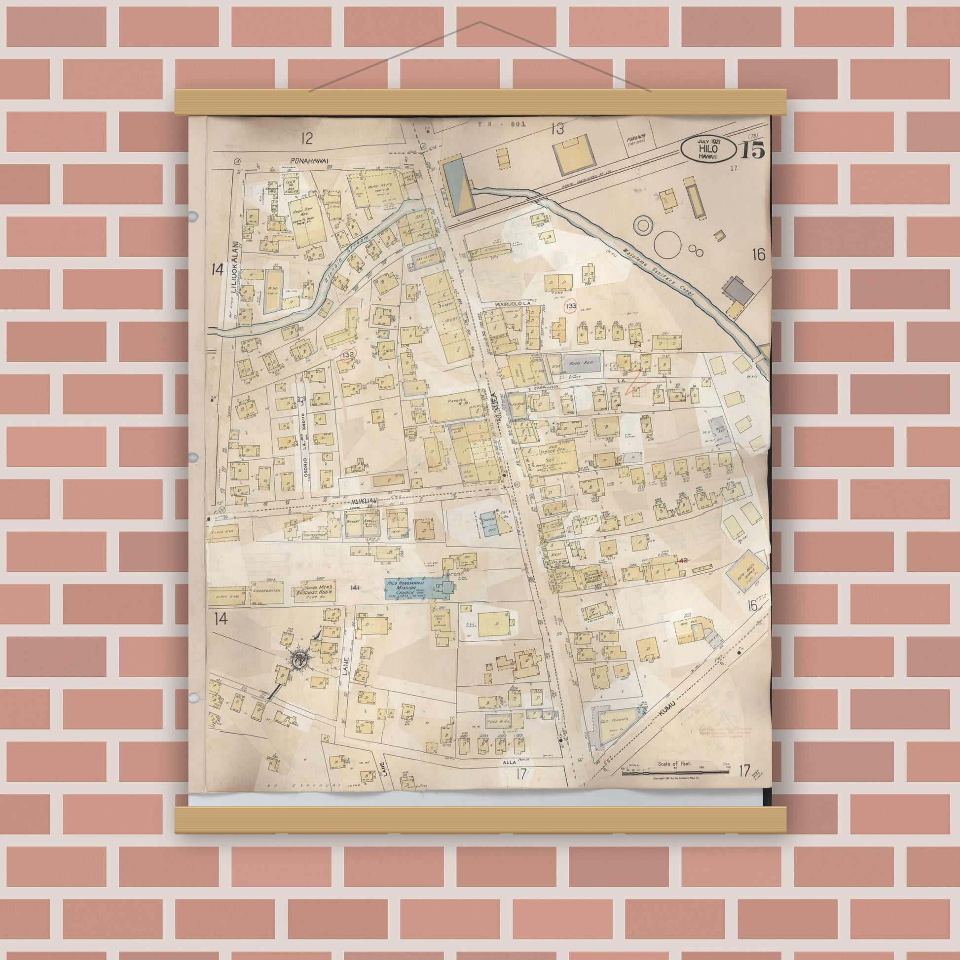 Old map wall art mockup — magnetic wood frame on brick wall — Sanborn Fire Insurance Map from Hilo, Hawaii County, Hawaii (1957), Sheet #0015