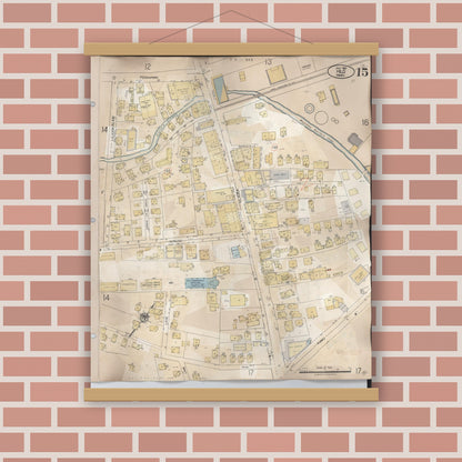 Old map wall art mockup — magnetic wood frame on brick wall — Sanborn Fire Insurance Map from Hilo, Hawaii County, Hawaii (1957), Sheet #0015