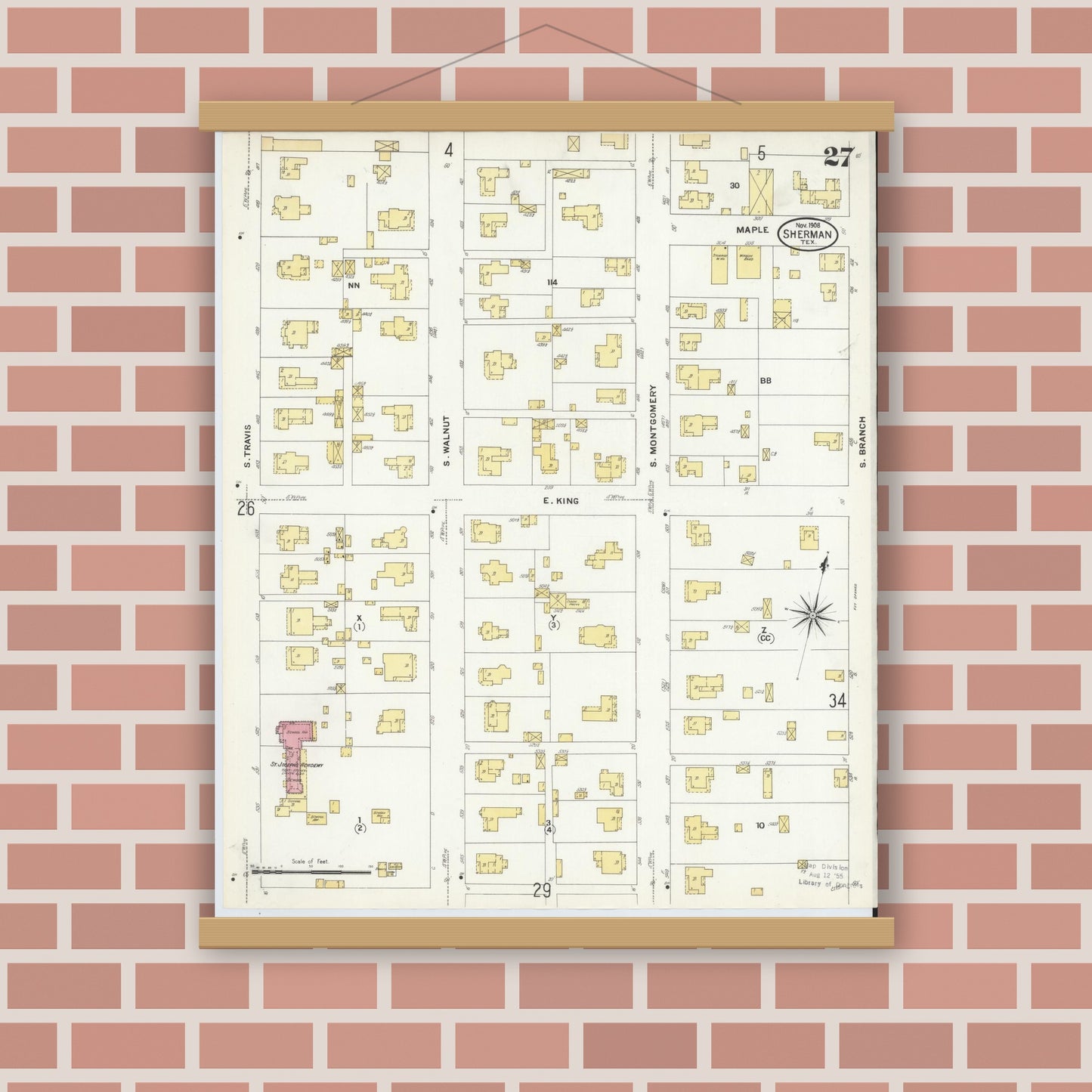 Old map wall art mockup — magnetic wood frame on brick wall — Sanborn Fire Insurance Map from Sherman, Grayson County, Texas (1908), Sheet #0027