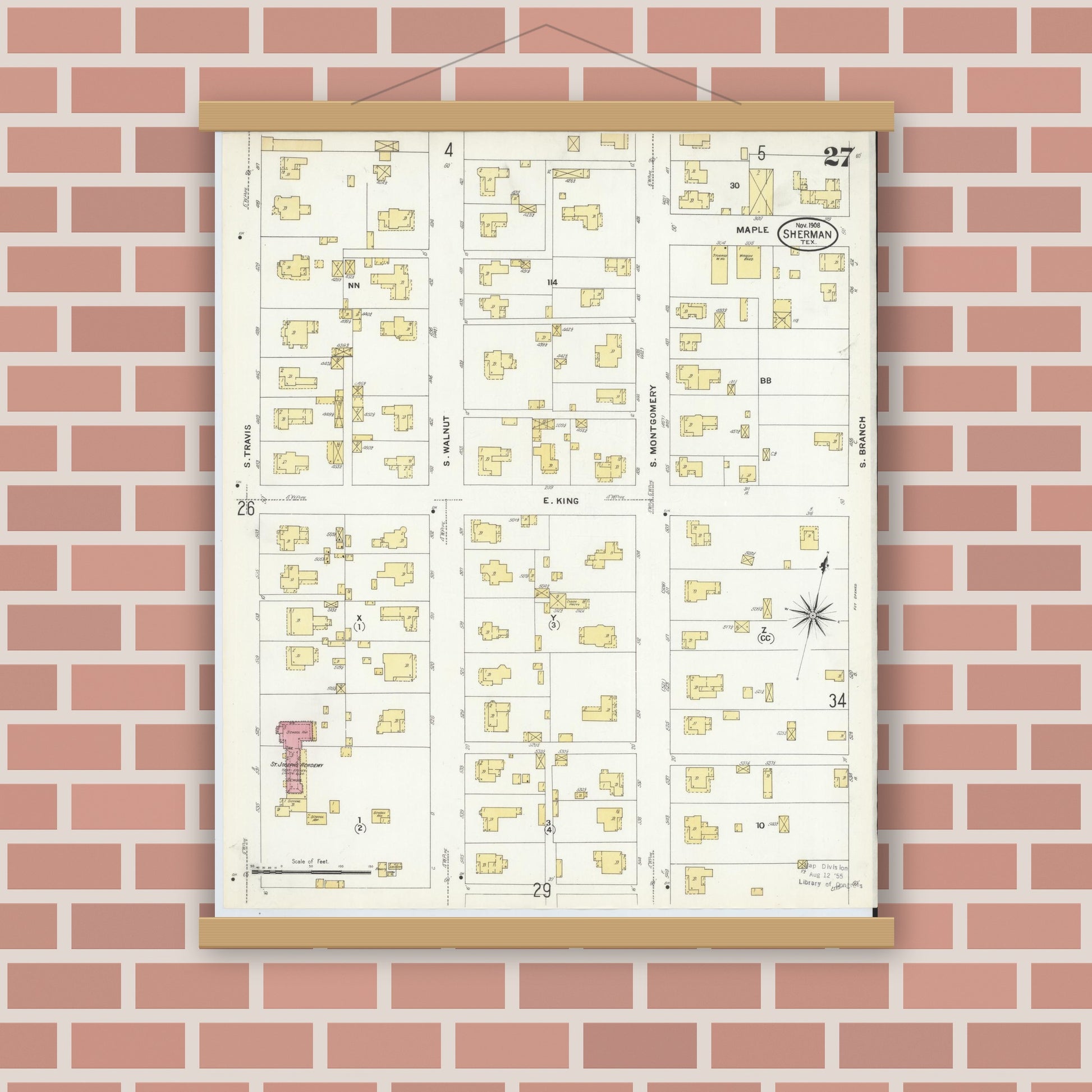 Old map wall art mockup — magnetic wood frame on brick wall — Sanborn Fire Insurance Map from Sherman, Grayson County, Texas (1908), Sheet #0027