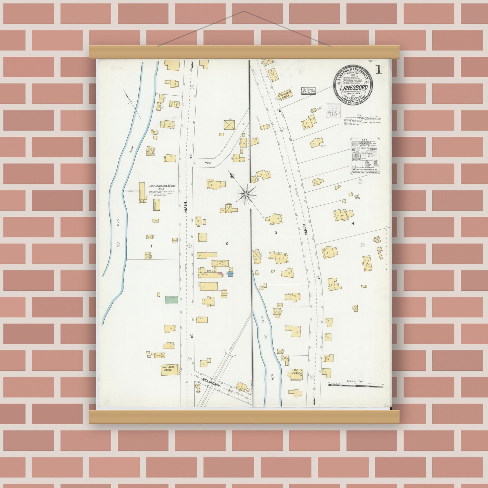 Old map wall art mockup — magnetic wood frame on brick wall — Sanborn Fire Insurance Map from Lanesboro, Susquehanna County, Pennsylvania (1904) - Complete Map Set