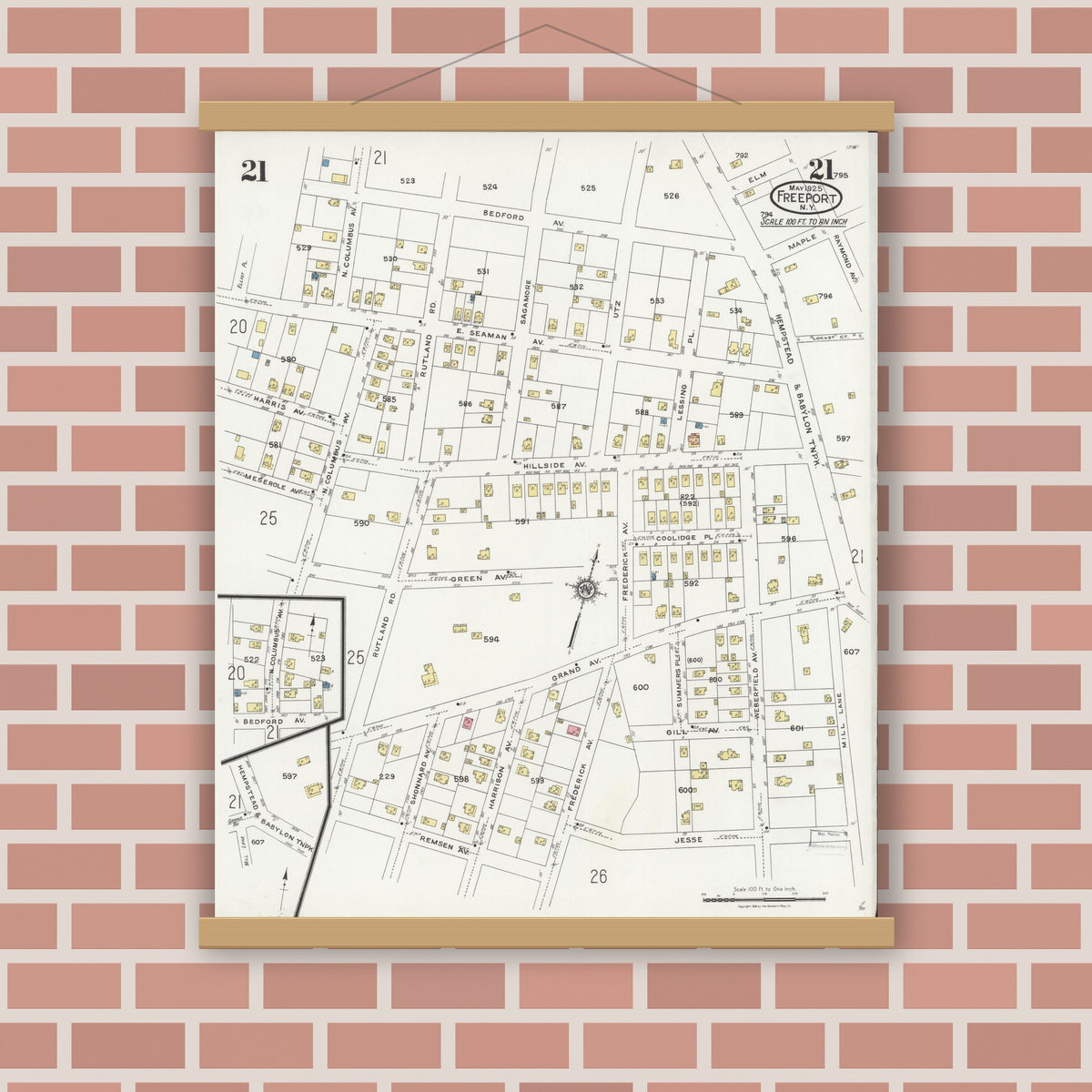 Old map wall art mockup — magnetic wood frame on brick wall — Sanborn Fire Insurance Map from Freeport, Nassau County, New York (1925), Sheet #0021
