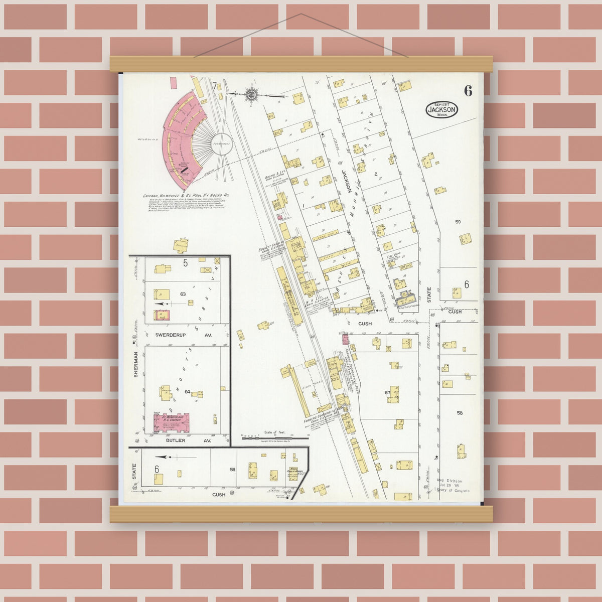 Old map wall art mockup — magnetic wood frame on brick wall — Sanborn Fire Insurance Map from Jackson, Jackson County, Minnesota (1917), Sheet #0006