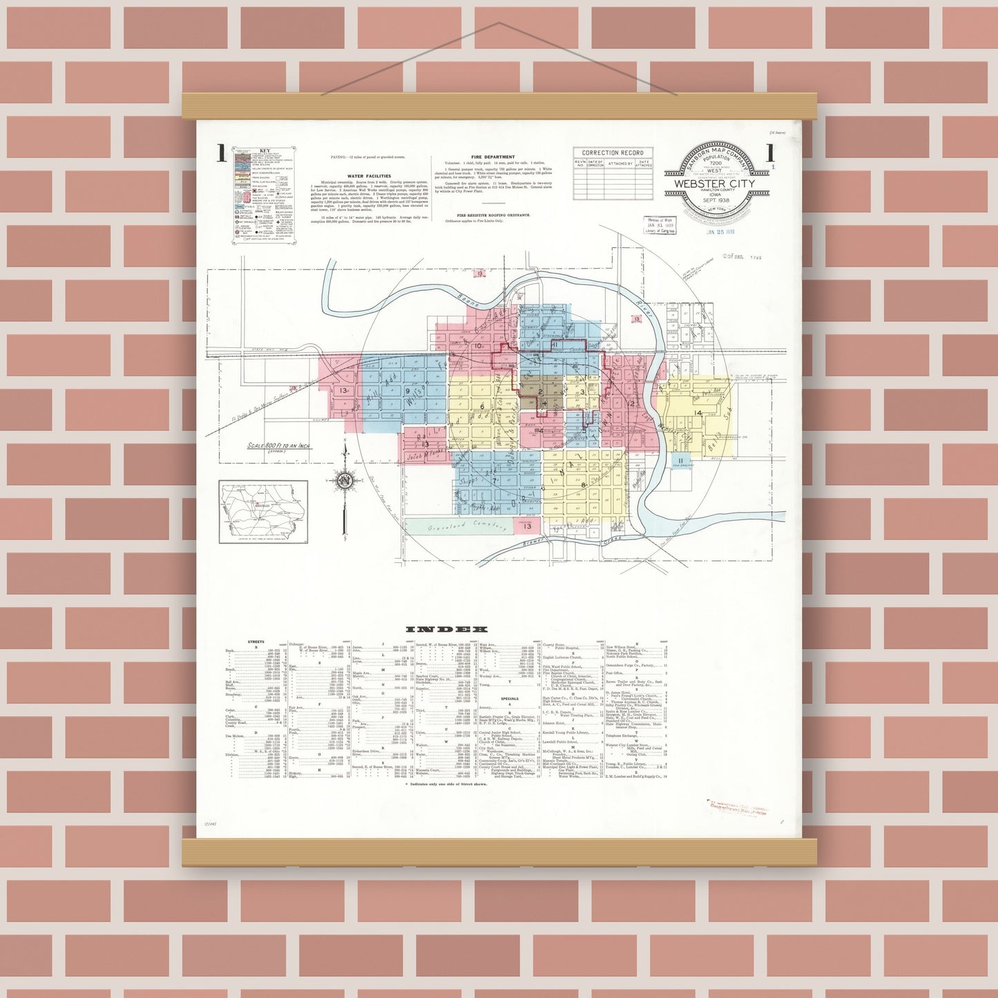 Old map wall art mockup — magnetic wood frame on brick wall — Sanborn Fire Insurance Map from Webster City, Hamilton County, Iowa (1938) â€” Complete Set