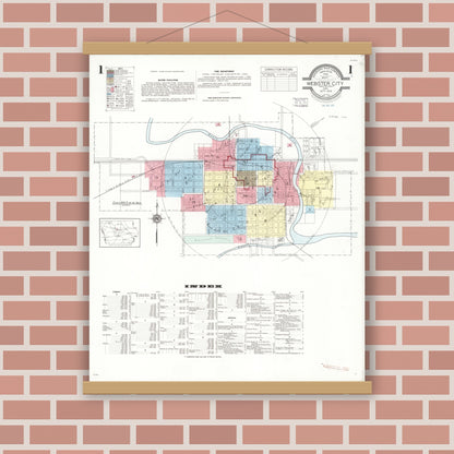 Old map wall art mockup — magnetic wood frame on brick wall — Sanborn Fire Insurance Map from Webster City, Hamilton County, Iowa (1938) â€” Complete Set
