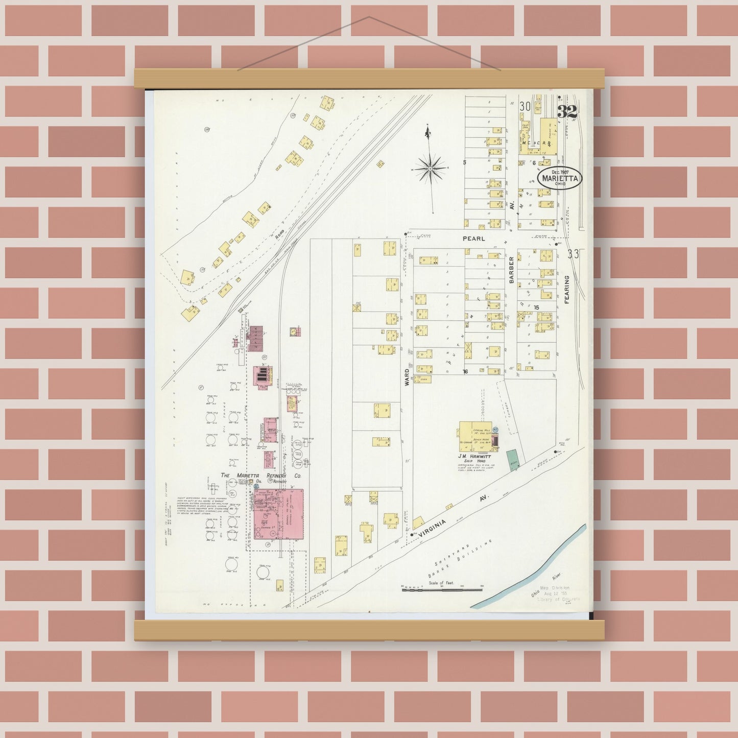 Old map wall art mockup — magnetic wood frame on brick wall — Sanborn Fire Insurance Map from Marietta, Washington County, Ohio (1907), Sheet #0032