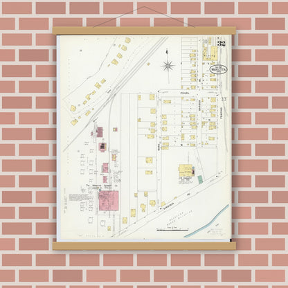 Old map wall art mockup — magnetic wood frame on brick wall — Sanborn Fire Insurance Map from Marietta, Washington County, Ohio (1907), Sheet #0032