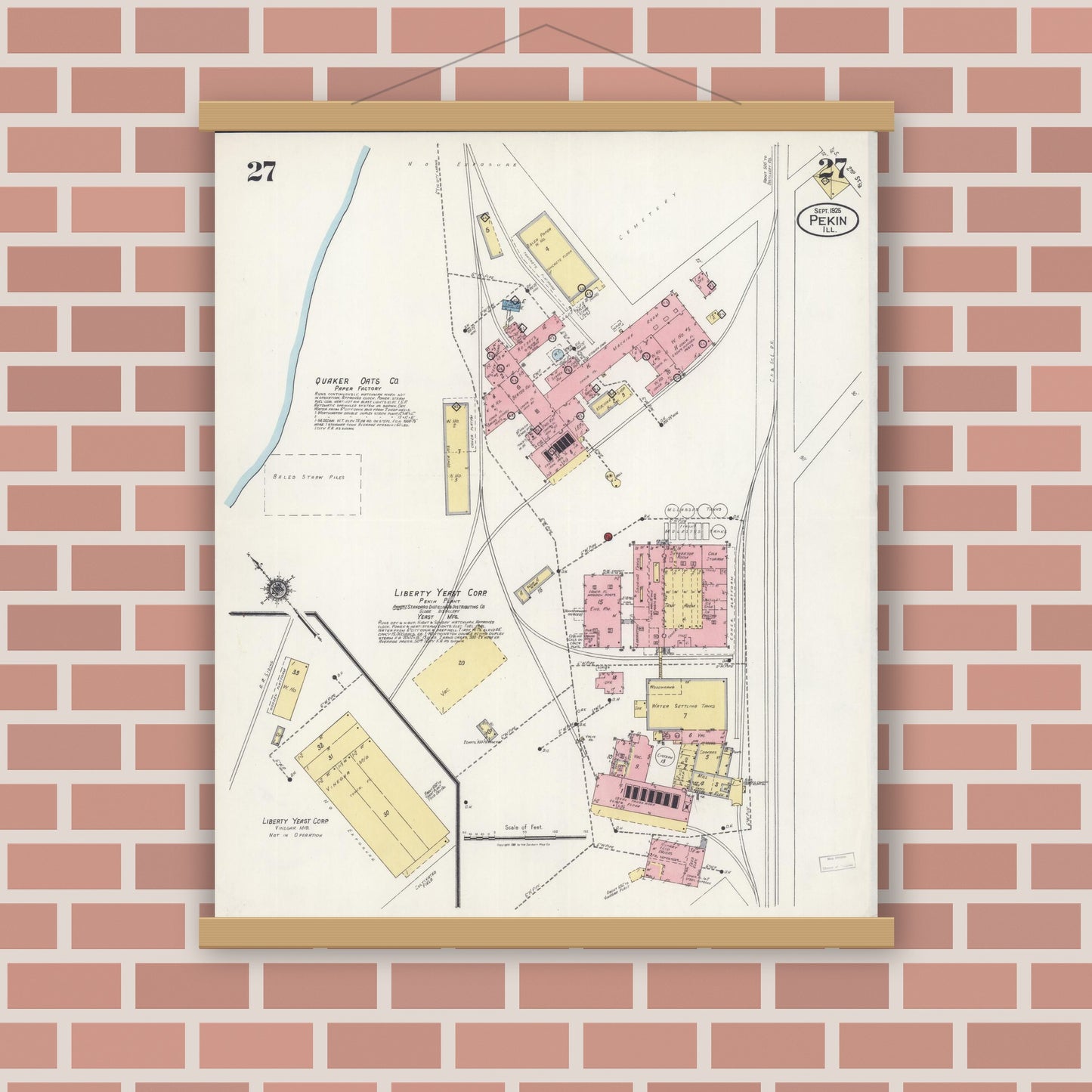 Old map wall art mockup — magnetic wood frame on brick wall — Sanborn Fire Insurance Map from Pekin, Tazewell County, Illinois (1925), Sheet #0027
