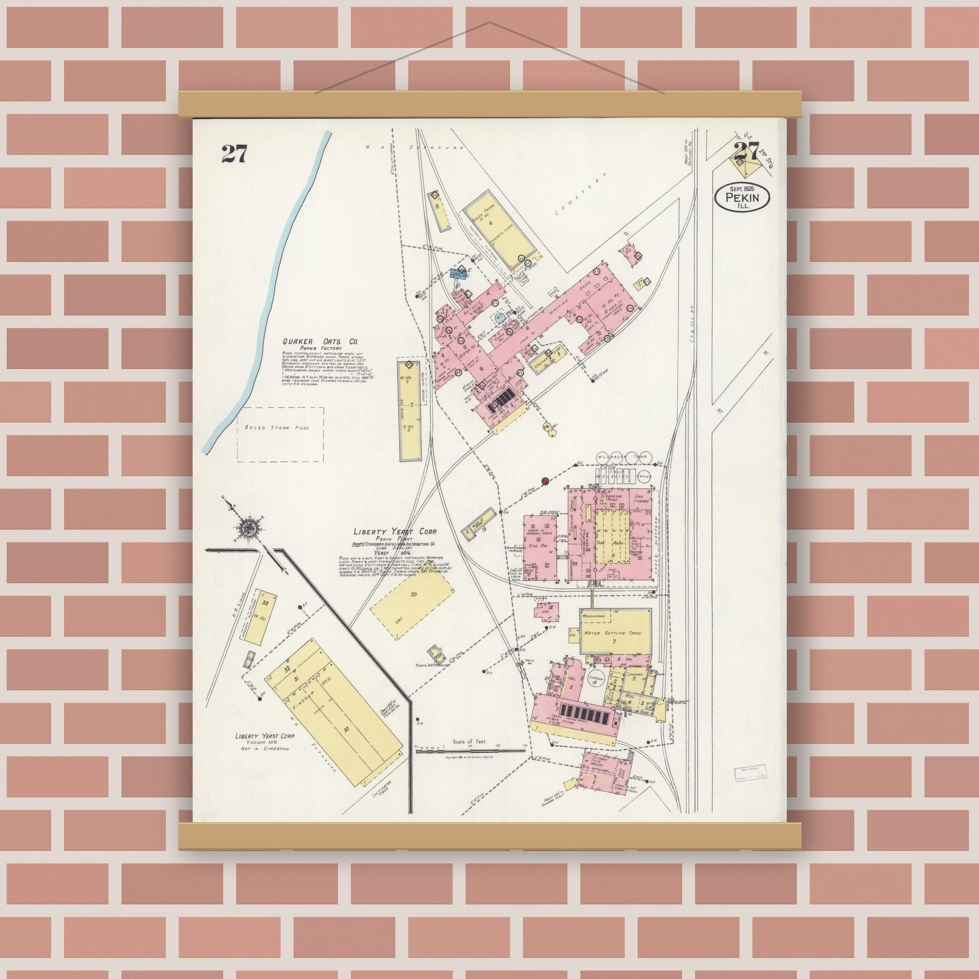 Old map wall art mockup — magnetic wood frame on brick wall — Sanborn Fire Insurance Map from Pekin, Tazewell County, Illinois (1925), Sheet #0027