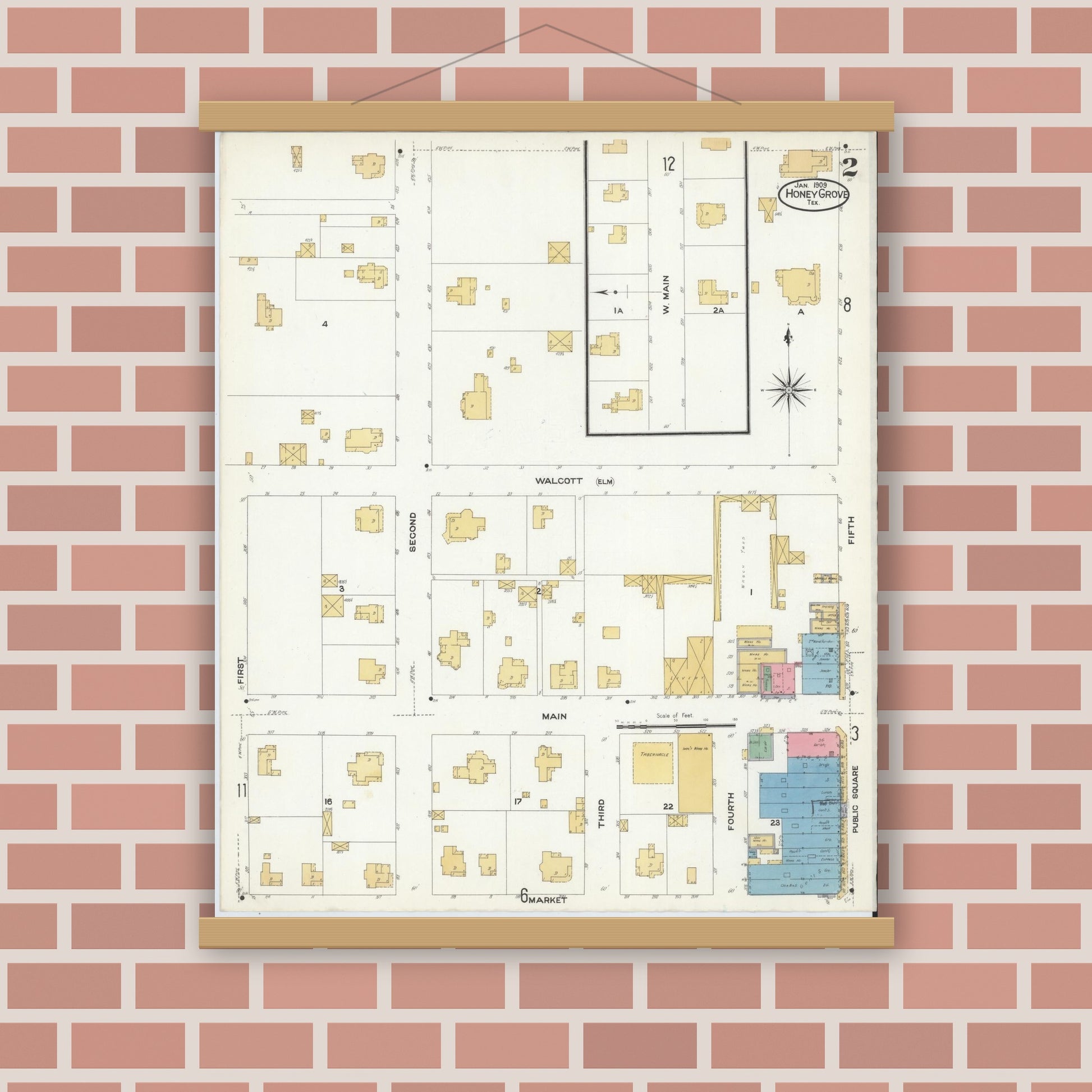 Old map wall art mockup — magnetic wood frame on brick wall — Sanborn Fire Insurance Map from Honey Grove, Fannin County, Texas (1909), Sheet #0002