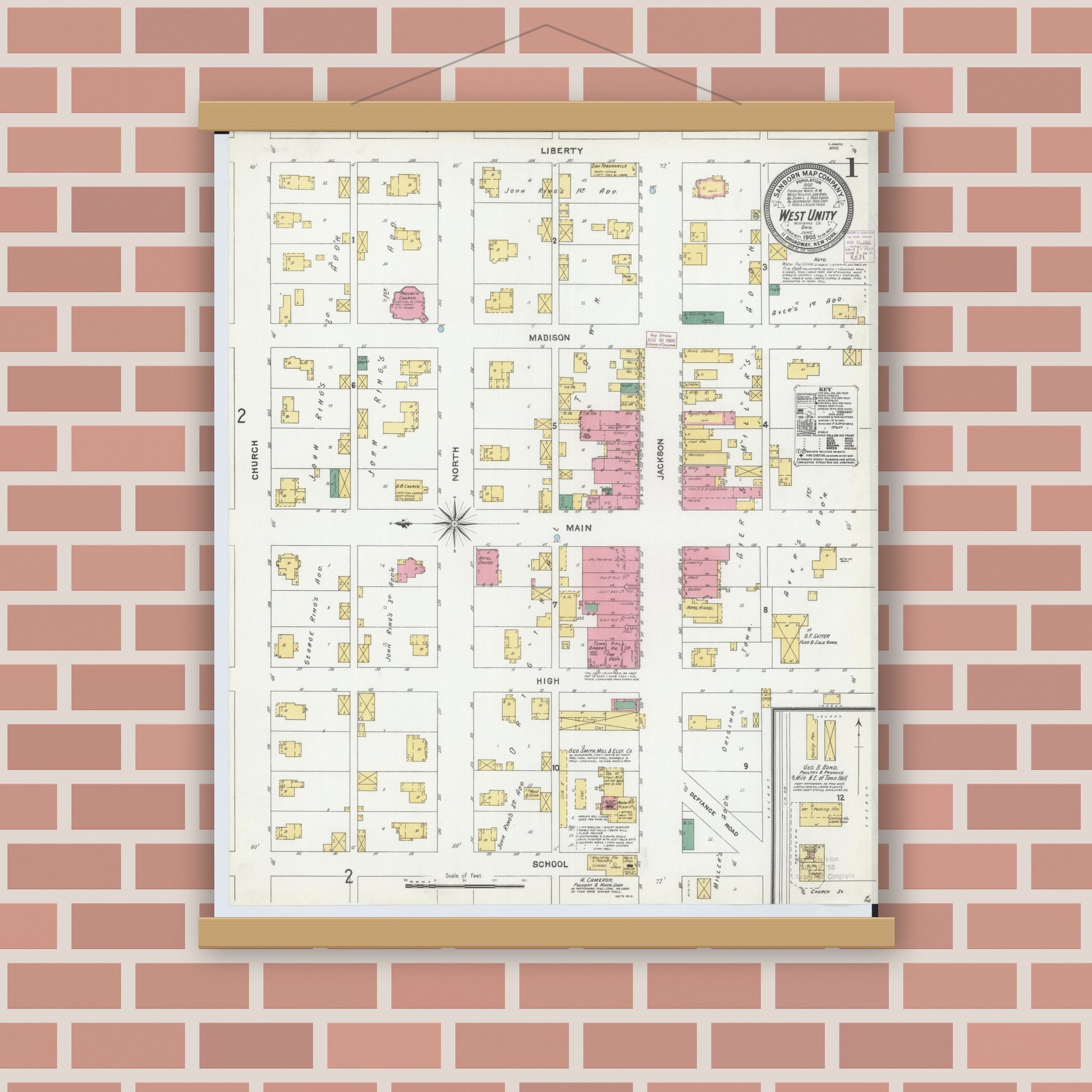 Old map wall art mockup — magnetic wood frame on brick wall — Sanborn Fire Insurance Map from West Unity, Williams County, Ohio (1905) - Complete Map Set