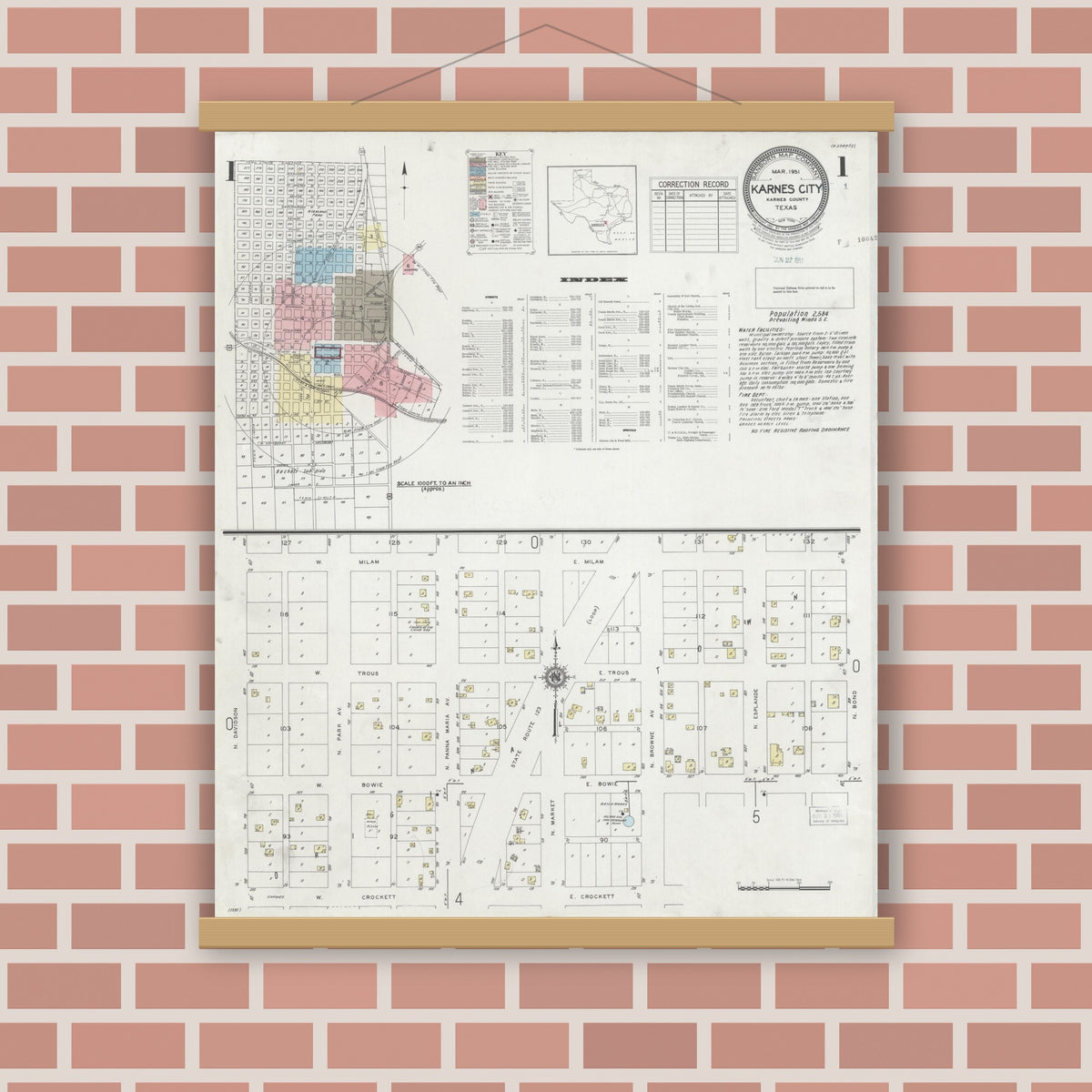 Old map wall art mockup — magnetic wood frame on brick wall — Sanborn Fire Insurance Map from Karnes City, Karnes County, Texas (1951), Sheet #0001