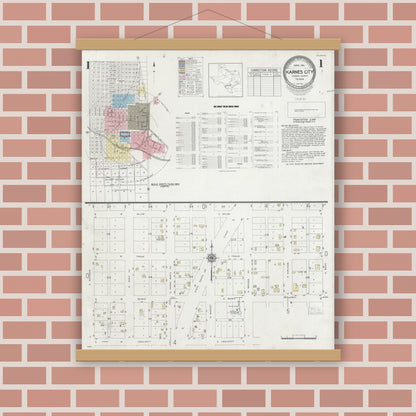 Old map wall art mockup — magnetic wood frame on brick wall — Sanborn Fire Insurance Map from Karnes City, Karnes County, Texas (1951), Sheet #0001