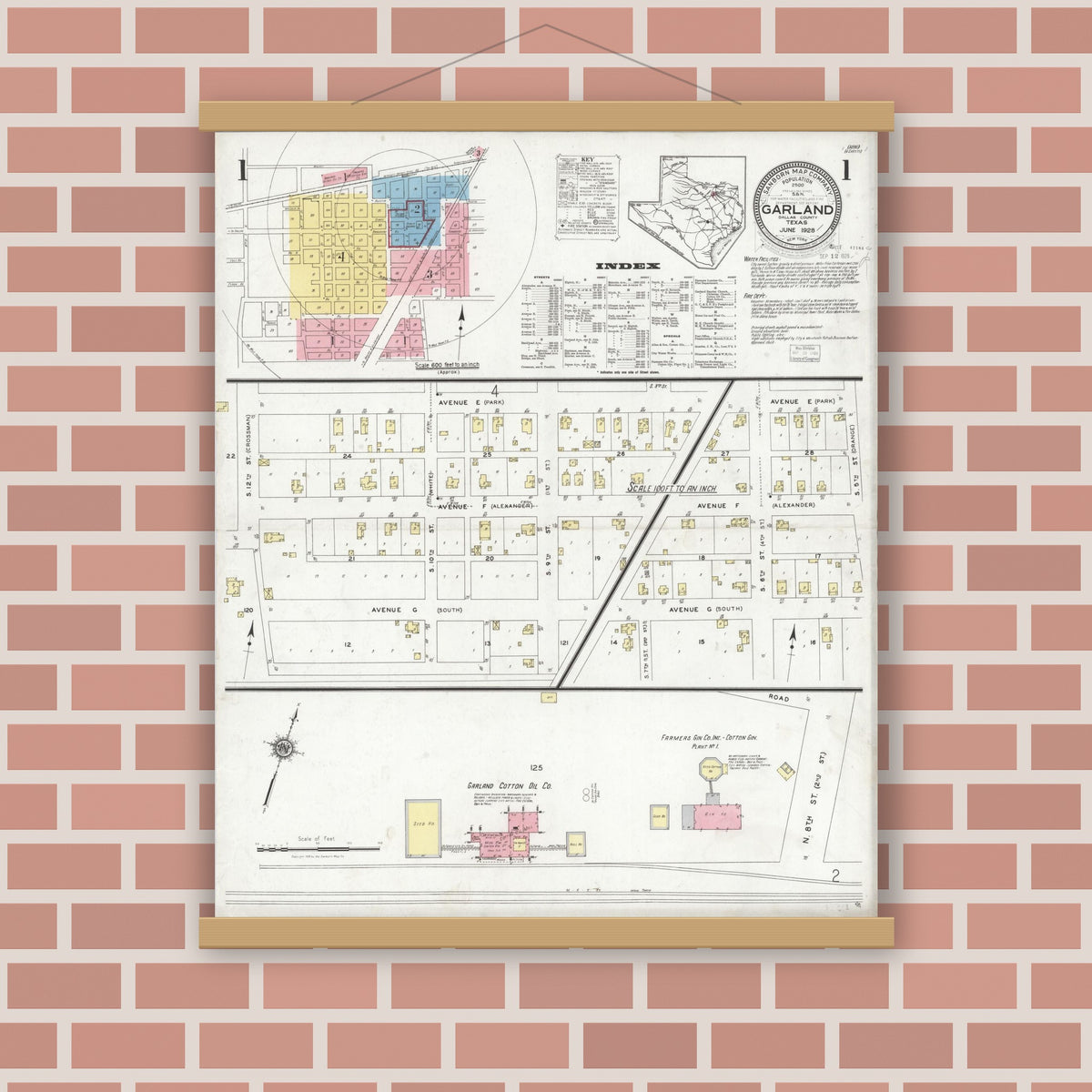 Old map wall art mockup — magnetic wood frame on brick wall — Sanborn Fire Insurance Map from Garland, Dallas County, Texas (1928), Sheet #0001