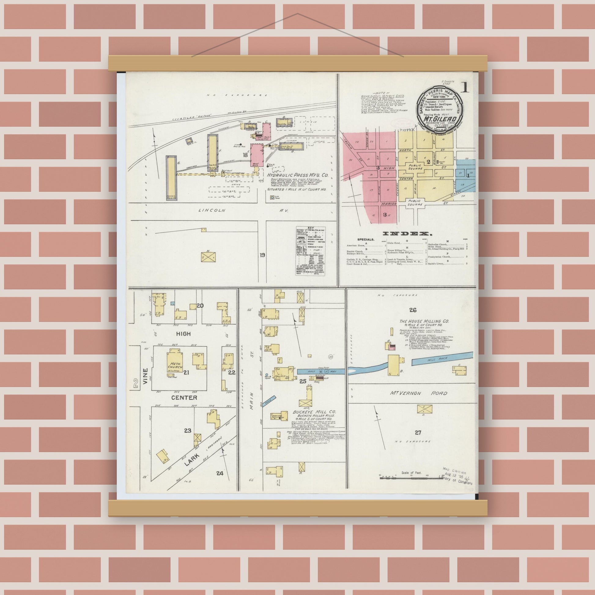 Old map wall art mockup — magnetic wood frame on brick wall — Sanborn Fire Insurance Map from Mount Gilead, Morrow County, Ohio (1892) - Complete Map Set