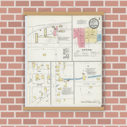 Old map wall art mockup — magnetic wood frame on brick wall — Sanborn Fire Insurance Map from Mount Gilead, Morrow County, Ohio (1892) - Complete Map Set