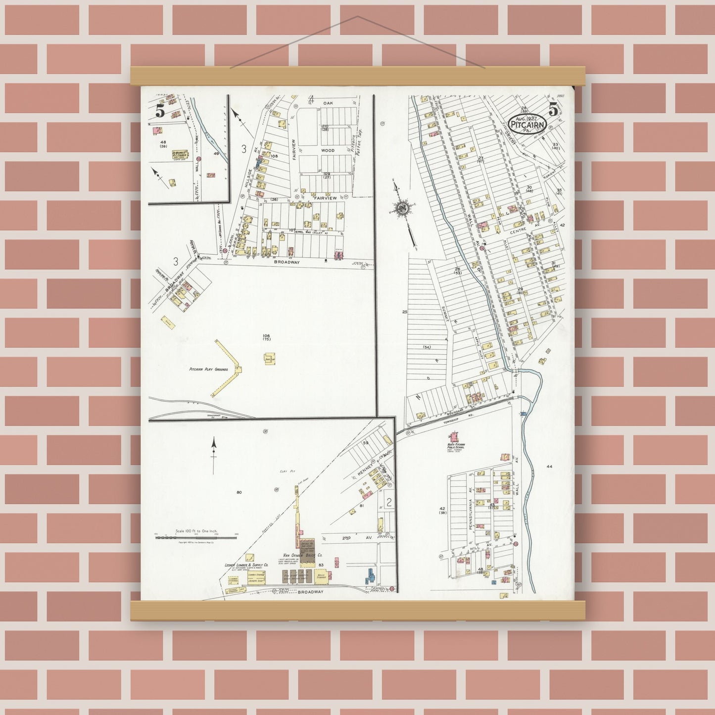 Old map wall art mockup — magnetic wood frame on brick wall — Sanborn Fire Insurance Map from Pitcairn, Allegheny County, Pennsylvania (1927), Sheet #0005