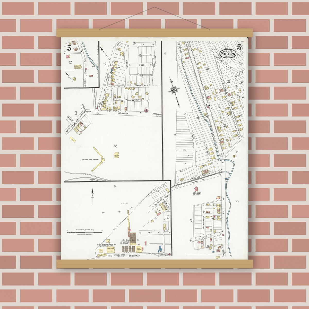 Old map wall art mockup — magnetic wood frame on brick wall — Sanborn Fire Insurance Map from Pitcairn, Allegheny County, Pennsylvania (1927), Sheet #0005