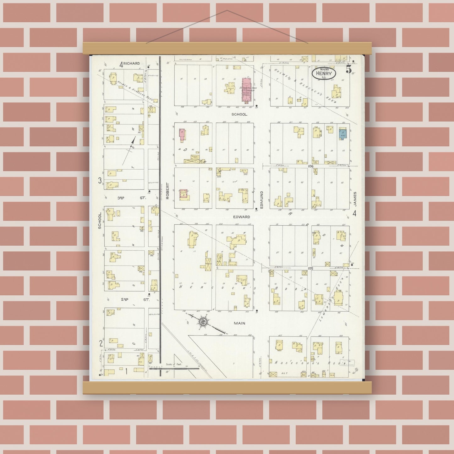 Old map wall art mockup — magnetic wood frame on brick wall — Sanborn Fire Insurance Map from Henry, Marshall County, Illinois (1913), Sheet #0005