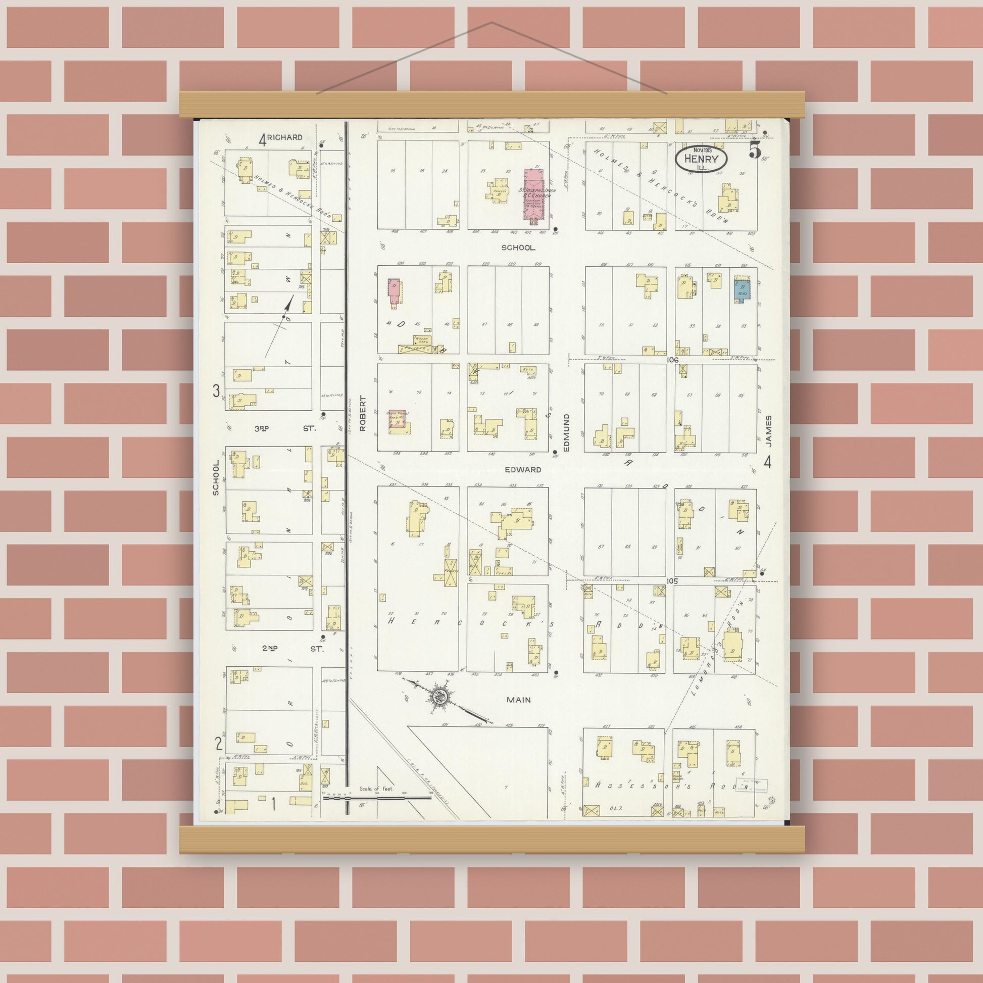 Old map wall art mockup — magnetic wood frame on brick wall — Sanborn Fire Insurance Map from Henry, Marshall County, Illinois (1913), Sheet #0005