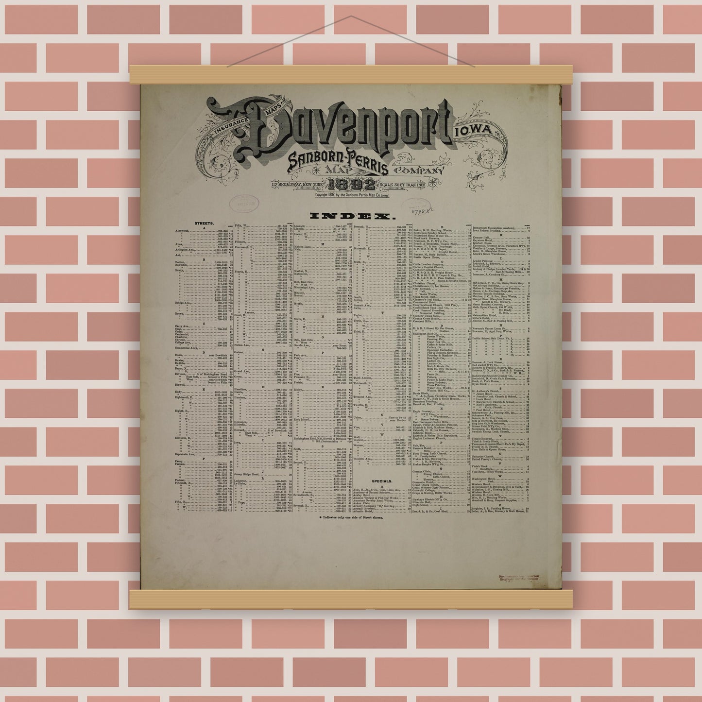 Old map wall art mockup — magnetic wood frame on brick wall — Sanborn Fire Insurance Map from Davenport, Scott County, Iowa (1892), Sheet #0001