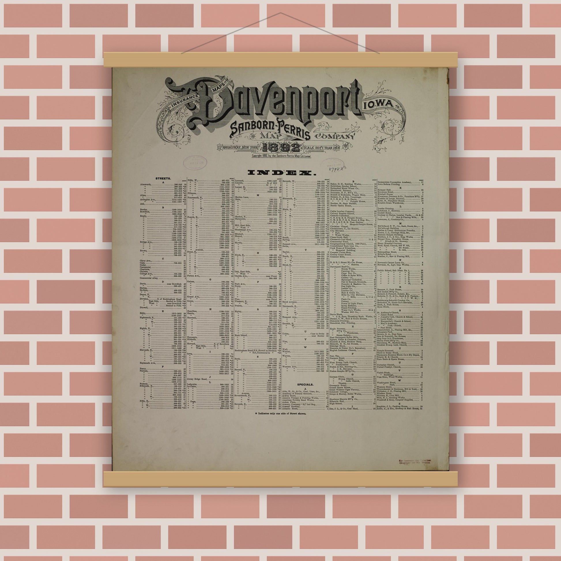Old map wall art mockup — magnetic wood frame on brick wall — Sanborn Fire Insurance Map from Davenport, Scott County, Iowa (1892), Sheet #0001