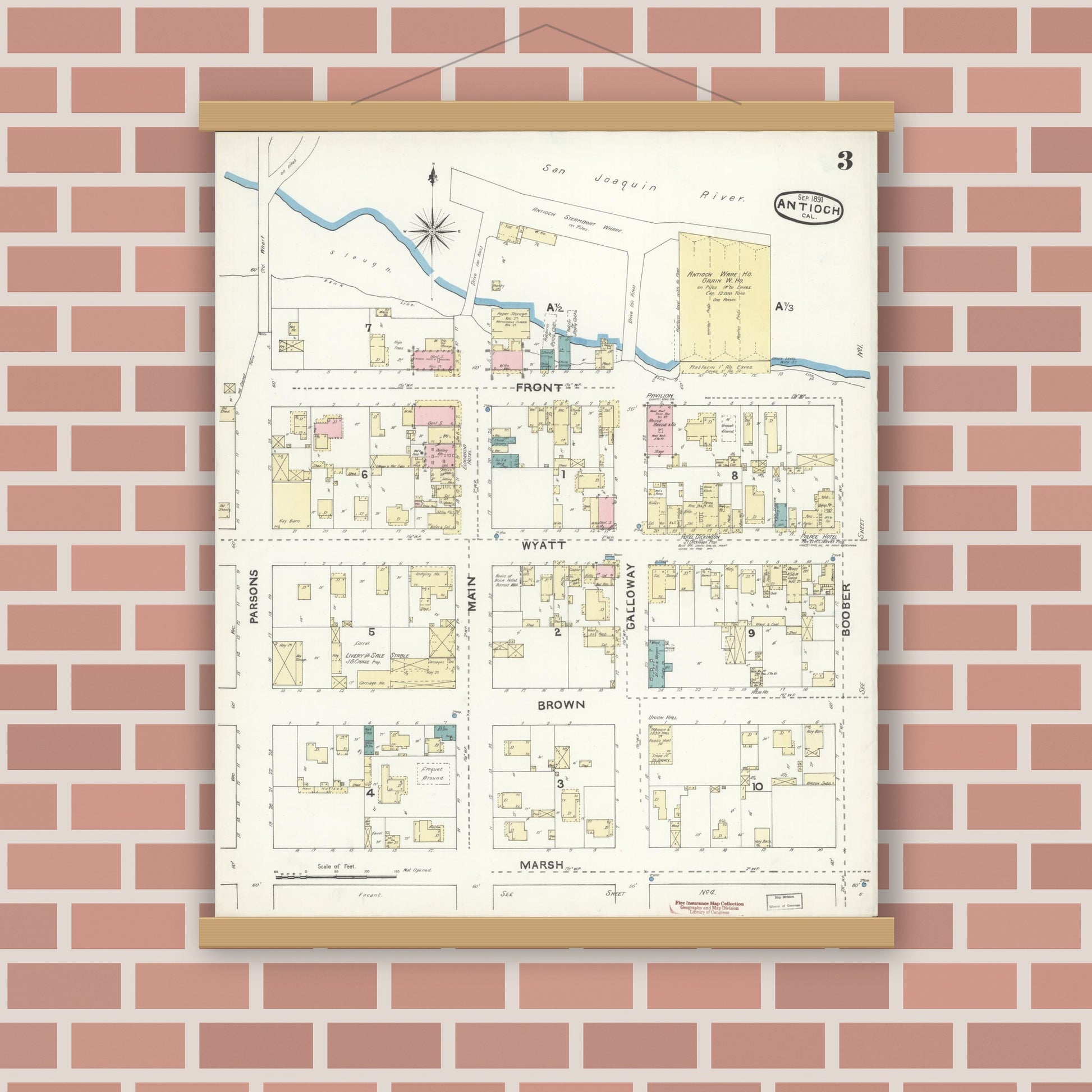 Old map wall art mockup — magnetic wood frame on brick wall — Sanborn Fire Insurance Map from Antioch, Contra Costa County, California (1891), Sheet #0003