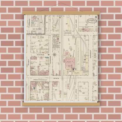 Old map wall art mockup — magnetic wood frame on brick wall — Sanborn Fire Insurance Map from Litchfield, Montgomery County, Illinois (1886), Sheet #0003
