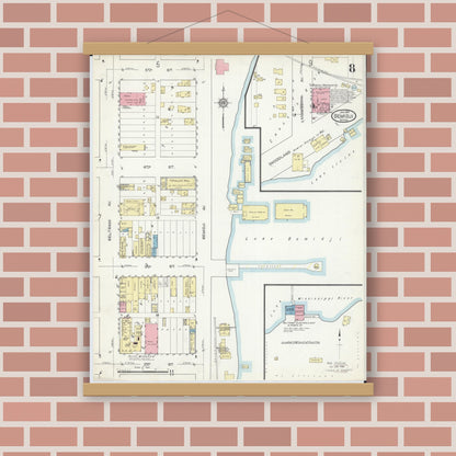 Old map wall art mockup — magnetic wood frame on brick wall — Sanborn Fire Insurance Map from Bemidji, Beltrami County, Minnesota (1914), Sheet #0008