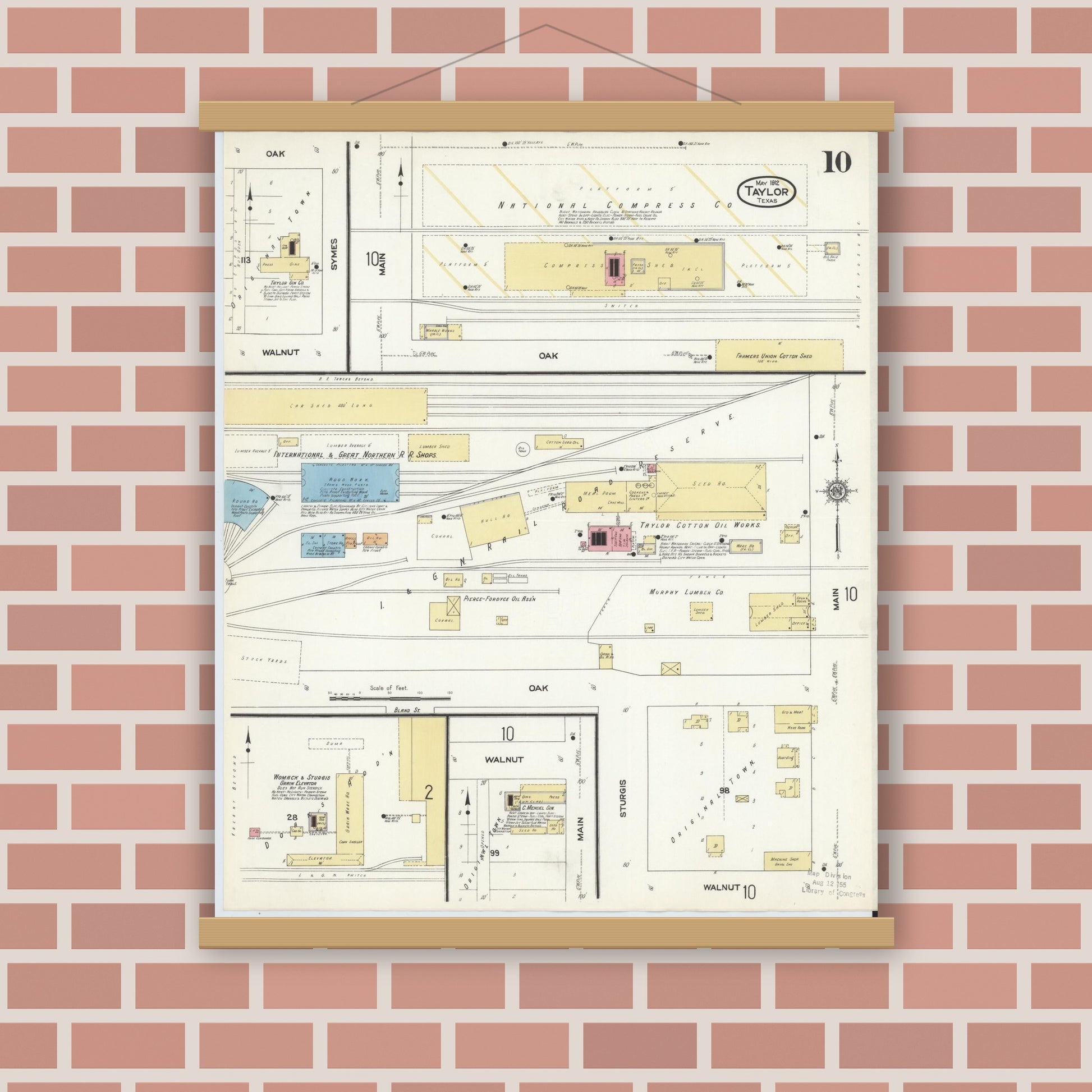Old map wall art mockup — magnetic wood frame on brick wall — Sanborn Fire Insurance Map from Taylor, Williamson County, Texas (1912), Sheet #0010