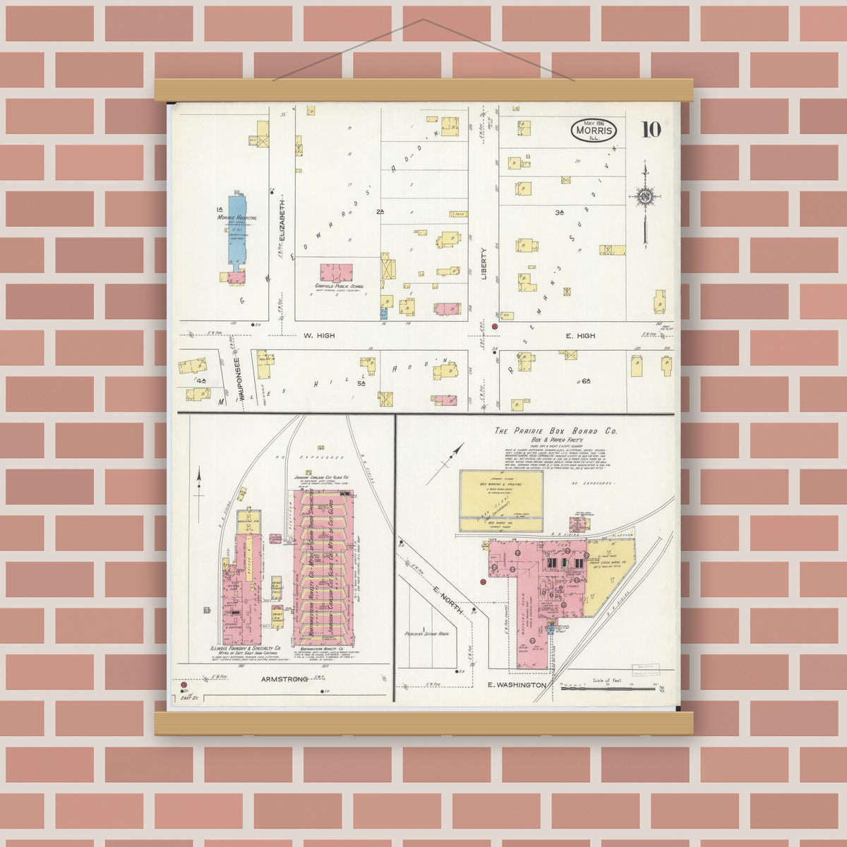 Old map wall art mockup — magnetic wood frame on brick wall — Sanborn Fire Insurance Map from Morris, Grundy County, Illinois (1916), Sheet #0010