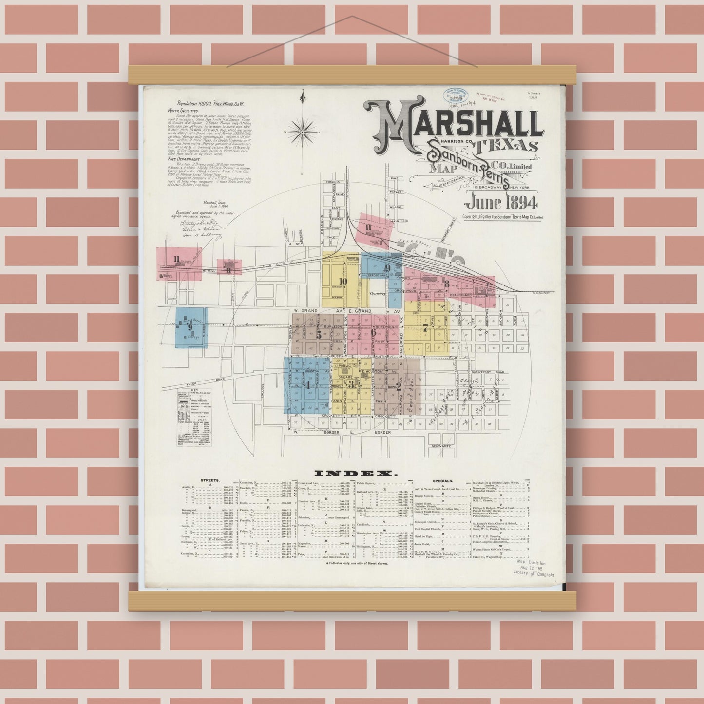 Old map wall art mockup — magnetic wood frame on brick wall — Sanborn Fire Insurance Map from Marshall, Harrison County, Texas (1894), Sheet #0001