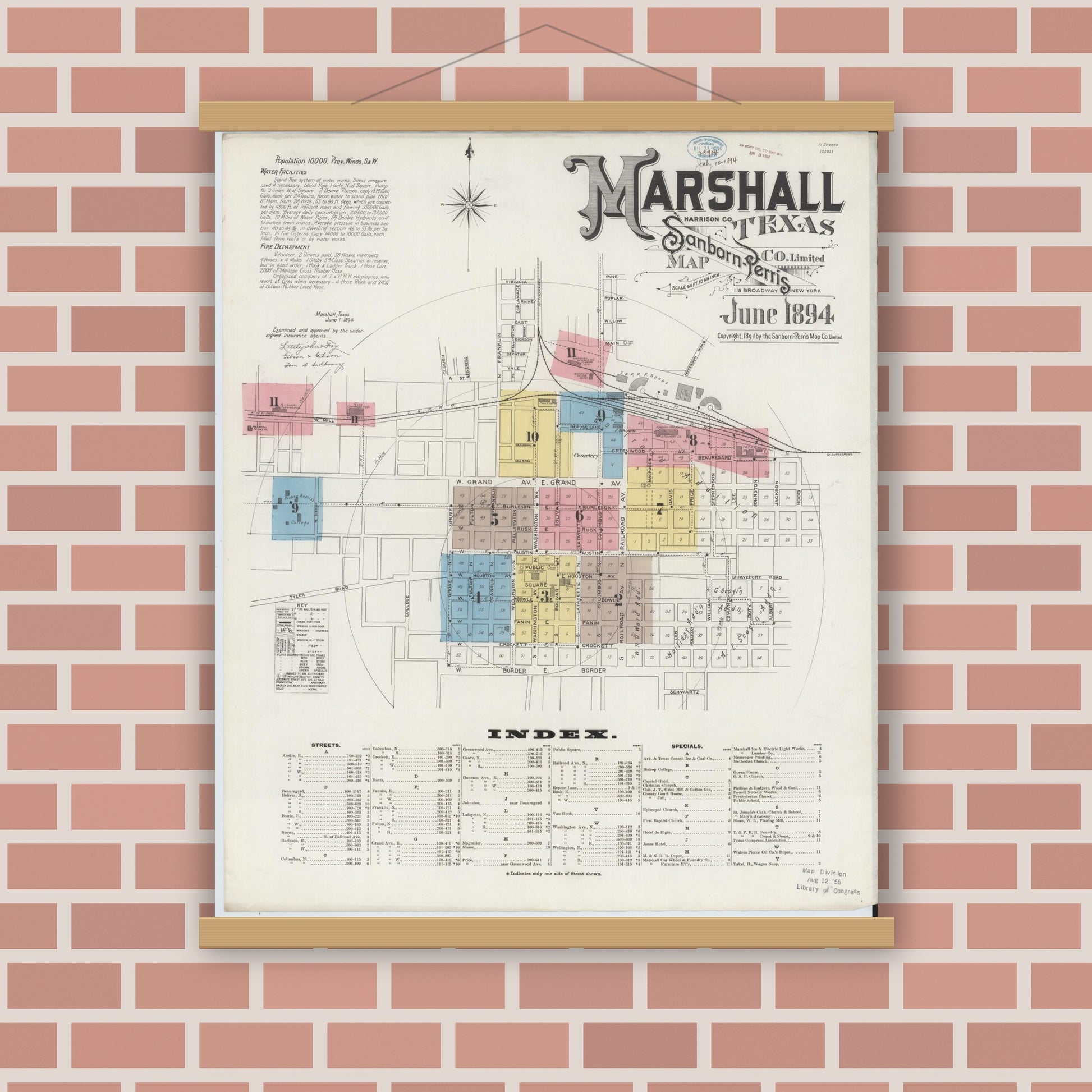 Old map wall art mockup — magnetic wood frame on brick wall — Sanborn Fire Insurance Map from Marshall, Harrison County, Texas (1894), Sheet #0001