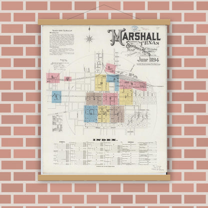 Old map wall art mockup — magnetic wood frame on brick wall — Sanborn Fire Insurance Map from Marshall, Harrison County, Texas (1894), Sheet #0001