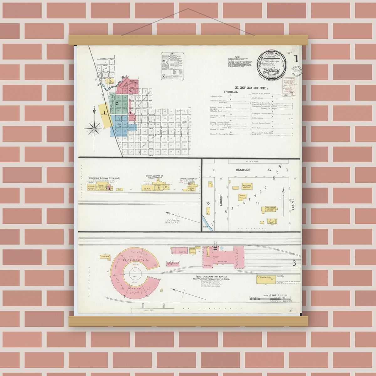 Old map wall art mockup — magnetic wood frame on brick wall — Sanborn Fire Insurance Map from Barnesville, Clay County, Minnesota (1899) - Complete Map Set
