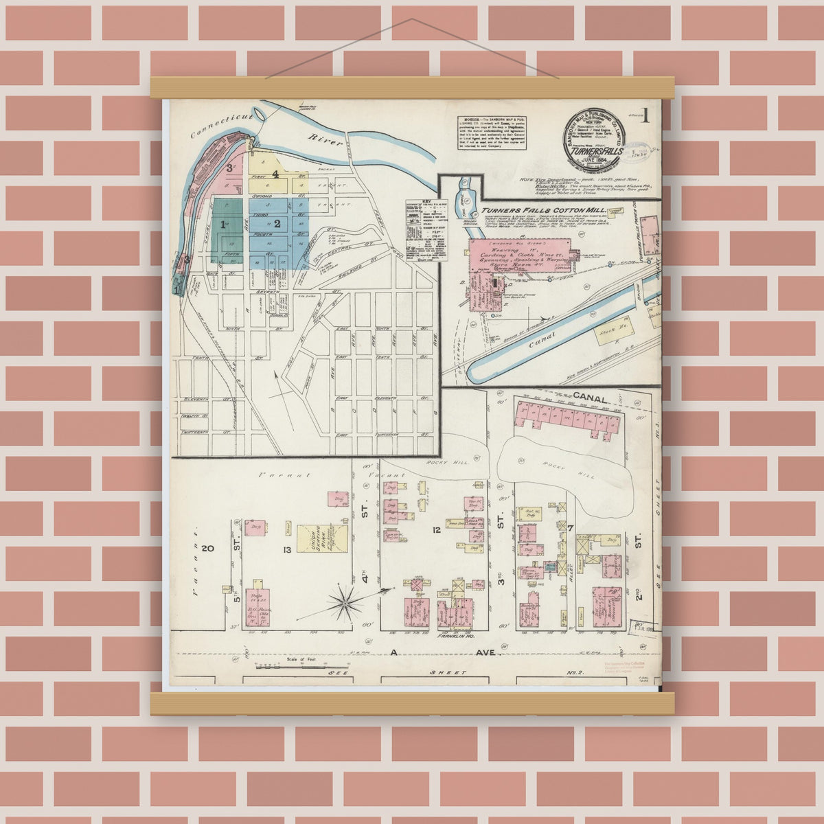 Old map wall art mockup — magnetic wood frame on brick wall — Sanborn Fire Insurance Map from Turners Falls, Franklin County, Massachusetts (1884), Sheet #0001