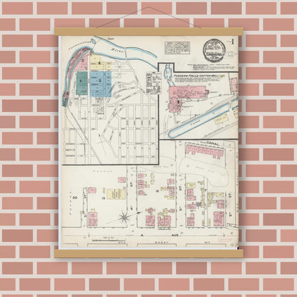 Old map wall art mockup — magnetic wood frame on brick wall — Sanborn Fire Insurance Map from Turners Falls, Franklin County, Massachusetts (1884), Sheet #0001