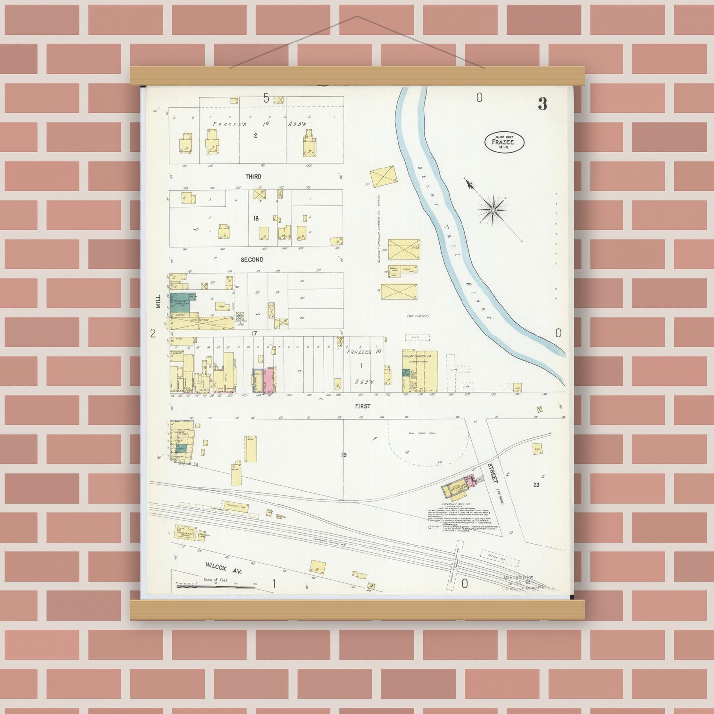 Old map wall art mockup — magnetic wood frame on brick wall — Sanborn Fire Insurance Map from Frazee, Becker County, Minnesota (1907), Sheet #0003