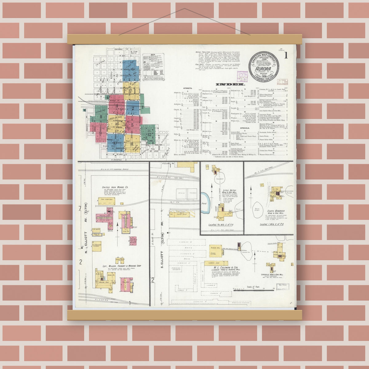 Old map wall art mockup — magnetic wood frame on brick wall — Sanborn Fire Insurance Map from Aurora, Lawrence County, Missouri (1908) - Complete Map Set
