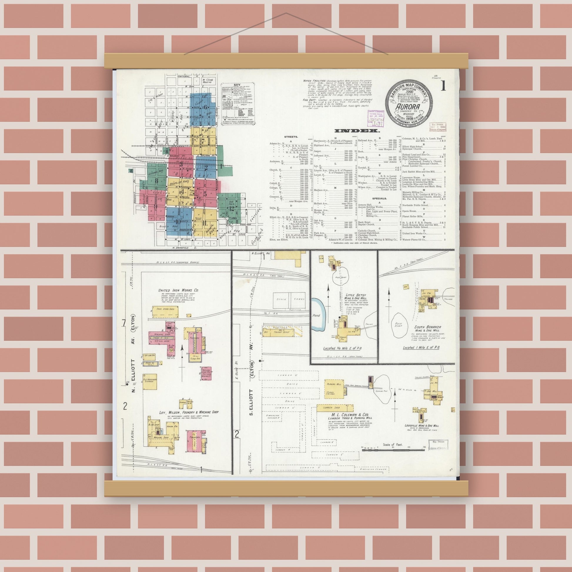 Old map wall art mockup — magnetic wood frame on brick wall — Sanborn Fire Insurance Map from Aurora, Lawrence County, Missouri (1908) - Complete Map Set