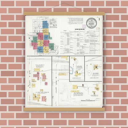Old map wall art mockup — magnetic wood frame on brick wall — Sanborn Fire Insurance Map from Aurora, Lawrence County, Missouri (1908) - Complete Map Set
