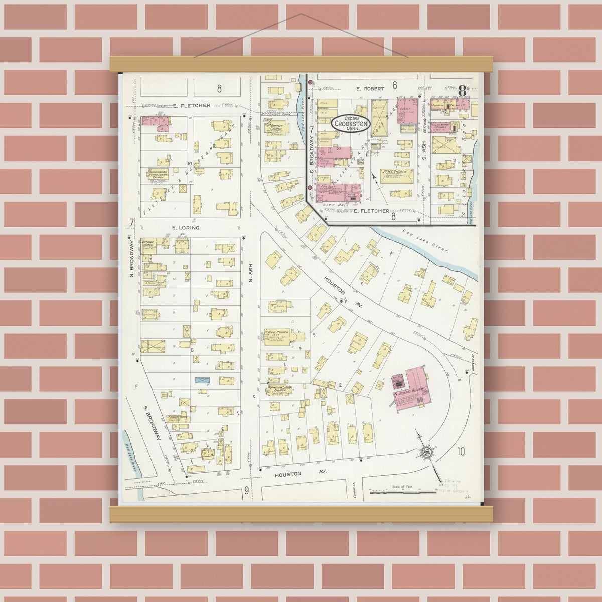 Old map wall art mockup — magnetic wood frame on brick wall — Sanborn Fire Insurance Map from Crookston, Polk County, Minnesota (1913), Sheet #0008