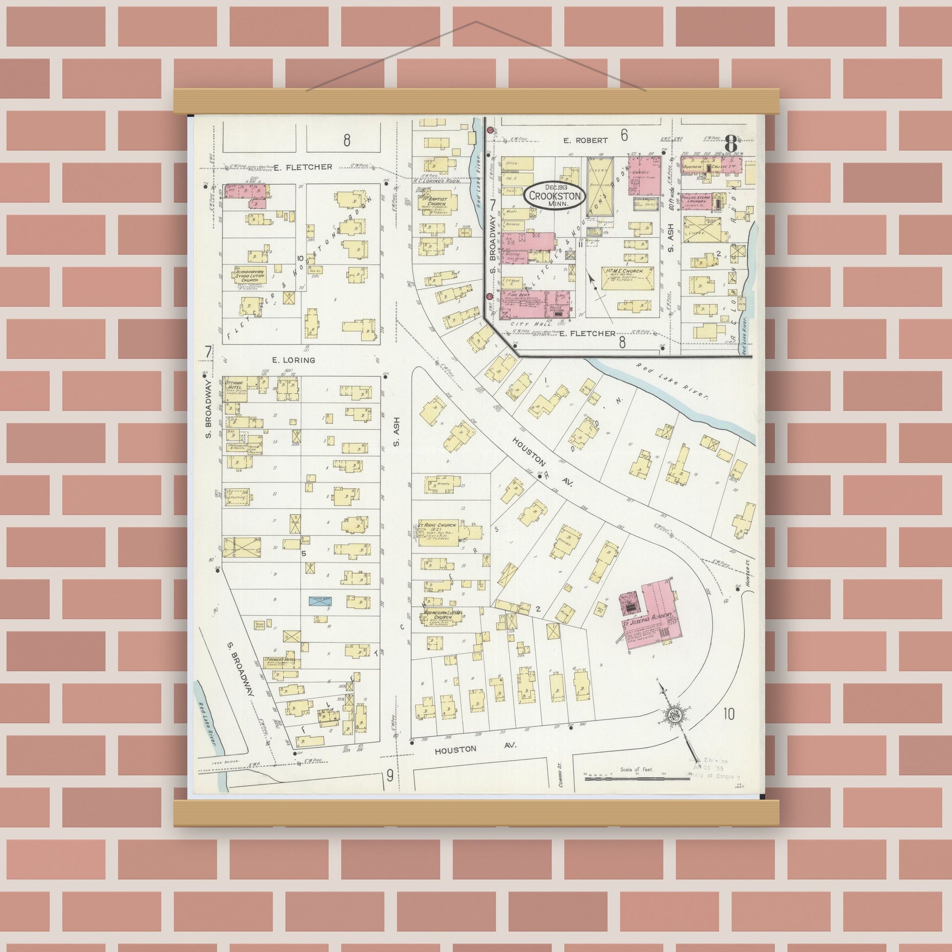 Old map wall art mockup — magnetic wood frame on brick wall — Sanborn Fire Insurance Map from Crookston, Polk County, Minnesota (1913), Sheet #0008
