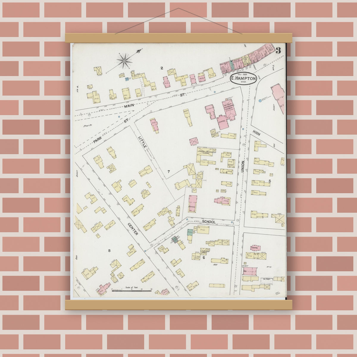 Old map wall art mockup — magnetic wood frame on brick wall — Sanborn Fire Insurance Map from East Hampton, Hampshire County, Massachusetts (1889), Sheet #0003