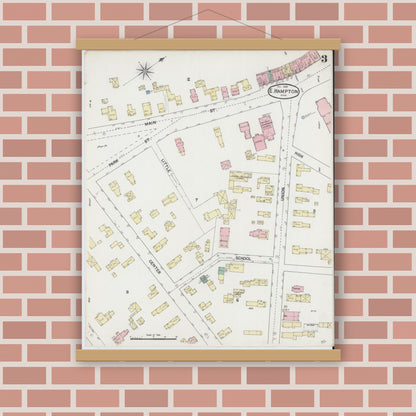 Old map wall art mockup — magnetic wood frame on brick wall — Sanborn Fire Insurance Map from East Hampton, Hampshire County, Massachusetts (1889), Sheet #0003