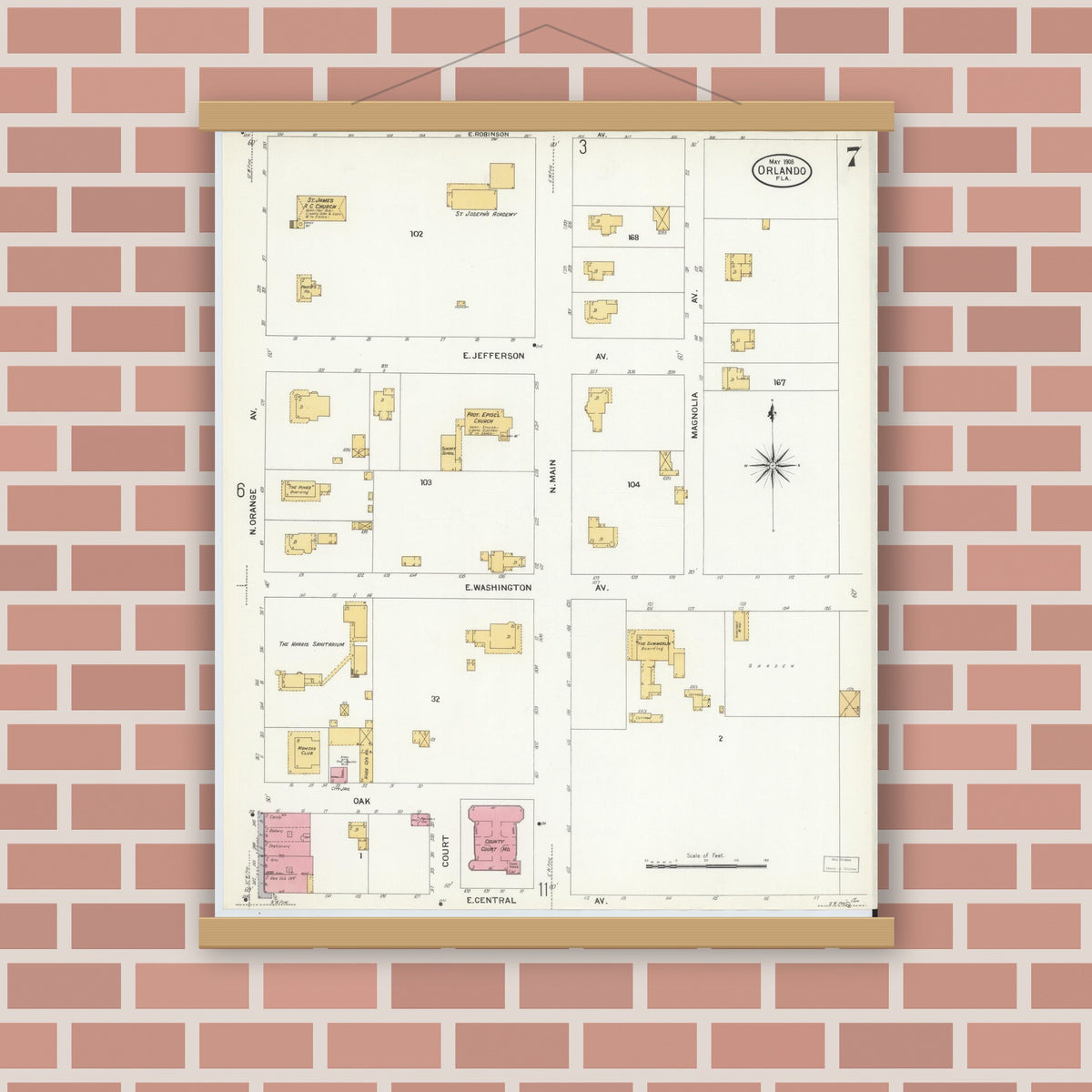 Old map wall art mockup — magnetic wood frame on brick wall — Sanborn Fire Insurance Map from Orlando, Orange County, Florida (1908), Sheet #0007