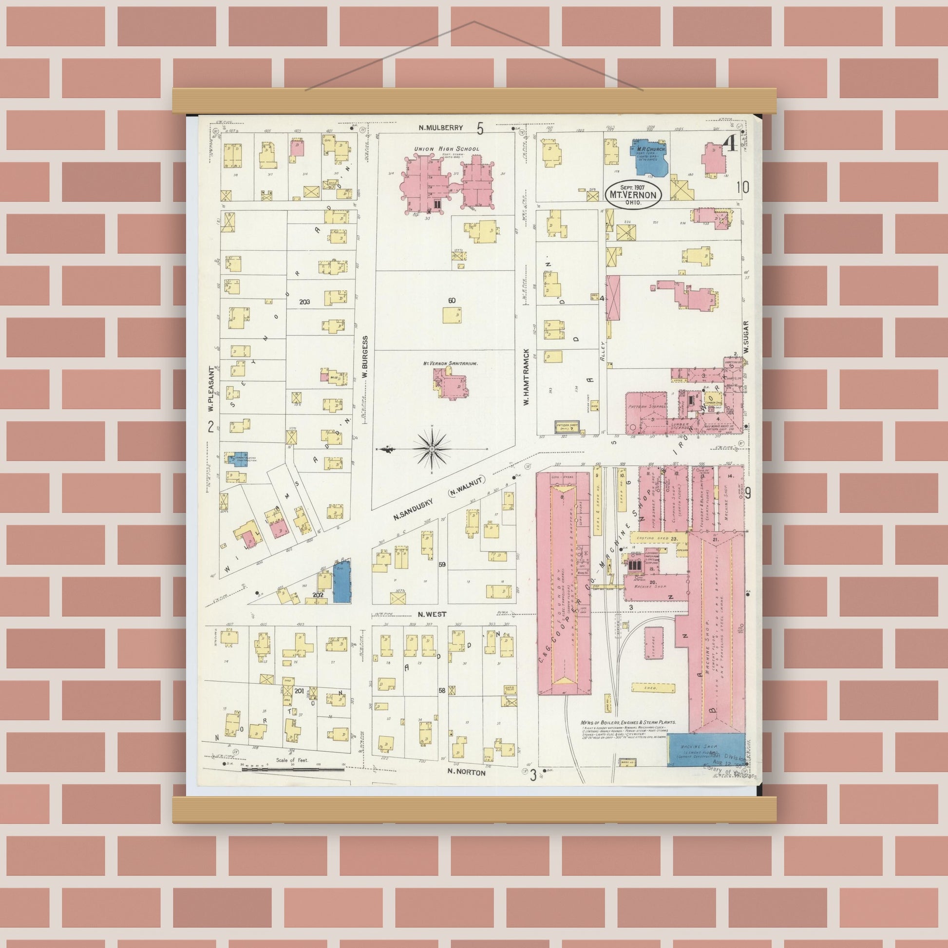 Old map wall art mockup — magnetic wood frame on brick wall — Sanborn Fire Insurance Map from Mount Vernon, Knox County, Ohio (1907), Sheet #0004